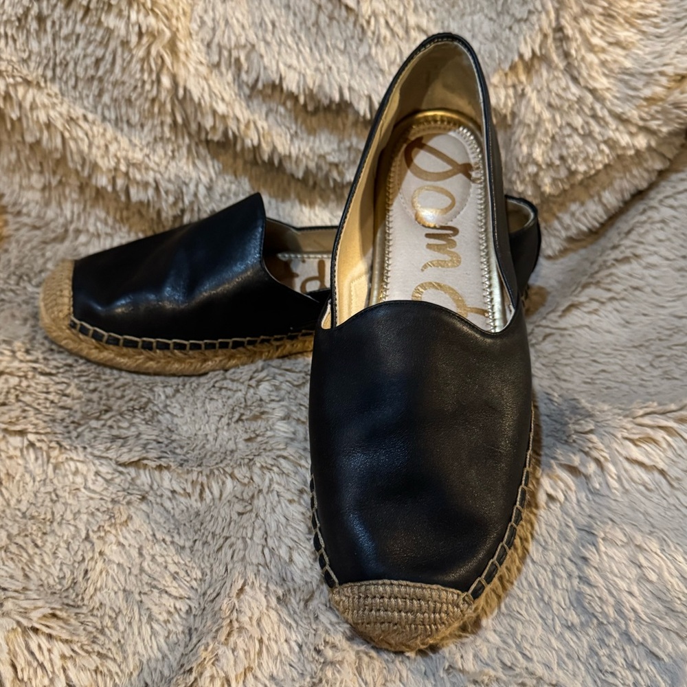 Sam Edelman Kelsie Espadrille Black Leather Flats Women’s Size 8 1/2 EUC
